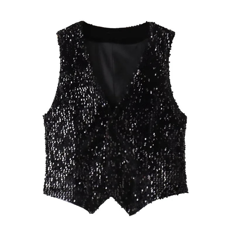 V Neck Single Breasted Sequin Sleeveless Waistcoat for Women