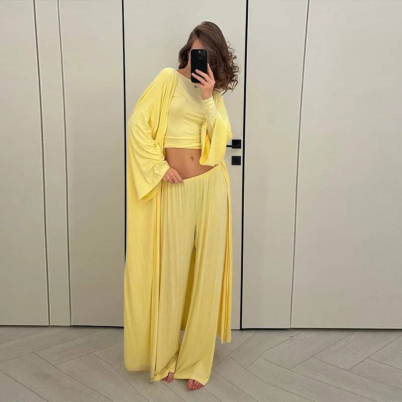 Casual Three Piece Shirt, Coat And Wide Leg Pants Set for Women