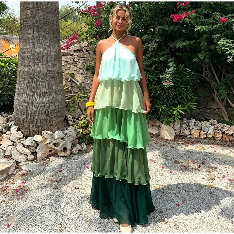 Flowy Gradient Halter Off Shoulder Ruffle Maxi Dress for Women