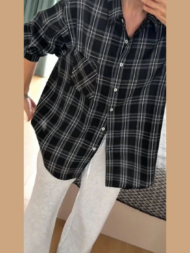 Plaid Loose Long Sleeve Button-Front Shirt for Women
