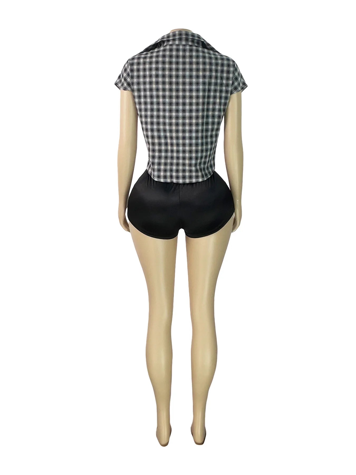 Plaid Print Deep V Neck Sleeveless Hollow Two Piece Set for Women