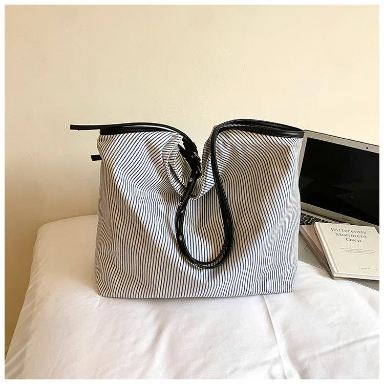 Casual Stripe Canvas Lightweight Shoulder Tote Bag for Women