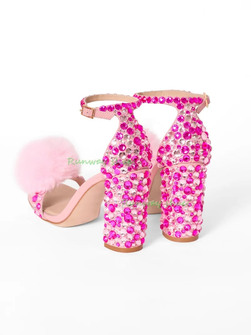 Elegant Rhinestone Open Toe Square Heel Sandals for Women