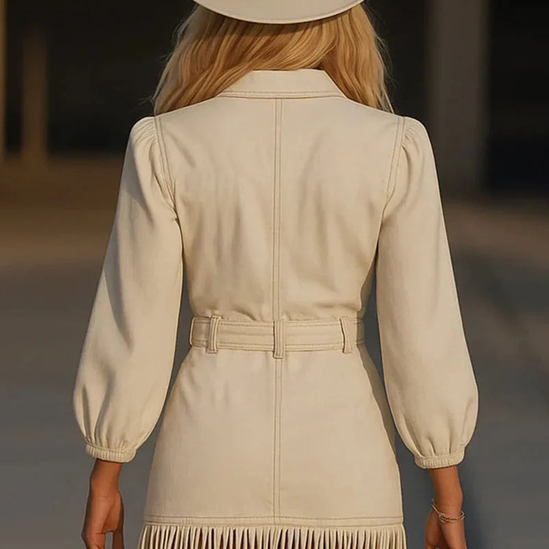 White High Waisted Slim Fit Long Dress Women's Casual Lapel Pocket Commuting Dresses Vintage Fringe Patchwork Desert Short Dress