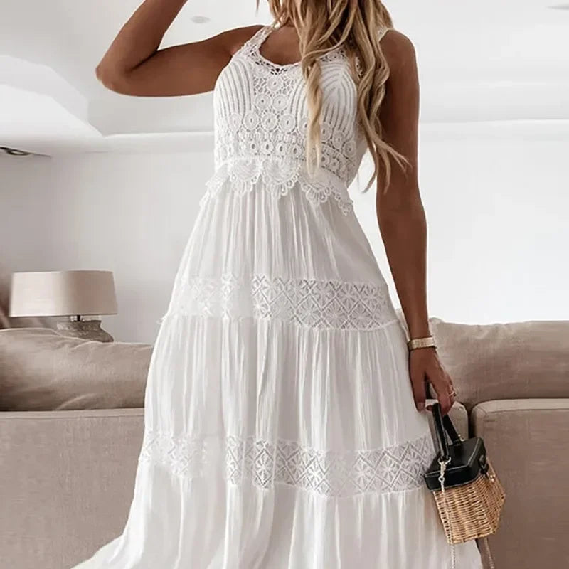 Lace White High Waist Split Sleeveless Dress for Women