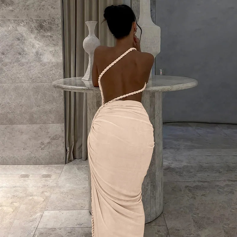 BOOFEENAA Asymmetrical Ruched Backless High Split Long Dresses 2025 Woman Summer Dress Elegant Sexy Vacation Outfits C70-FD75