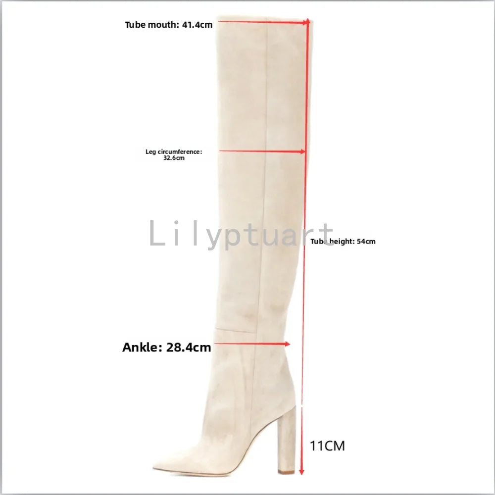 Beige Square Heel Slip-On Over-the-Knee Boots for Women
