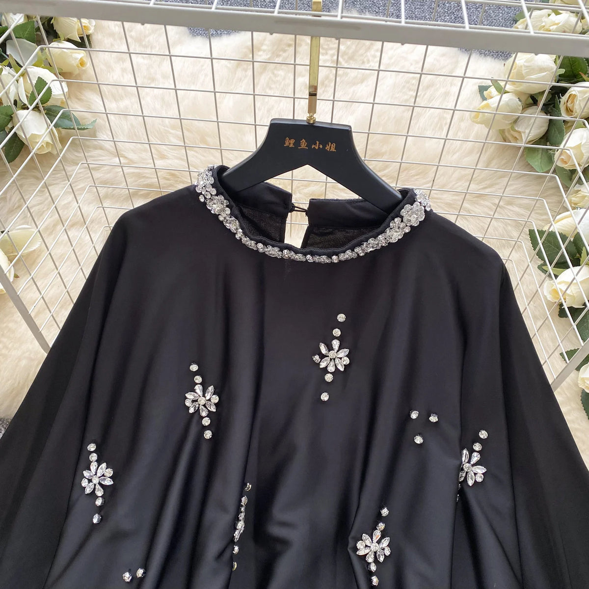 Elegant Beaded Satin Batwing Sleeve Blouse for Women