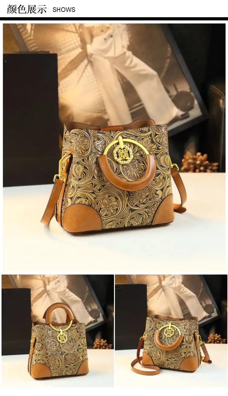 Retro Cowhine Carved Women Bag Handhold Bucket Leather Commuting Shoulder Underarm Crossbody Bags for Women