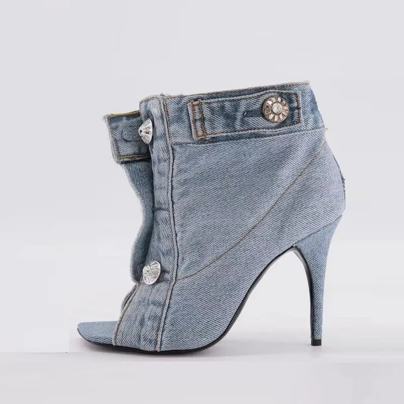 Elegant Denim Look Strappy Peep Toe Stiletto Sandals for Women