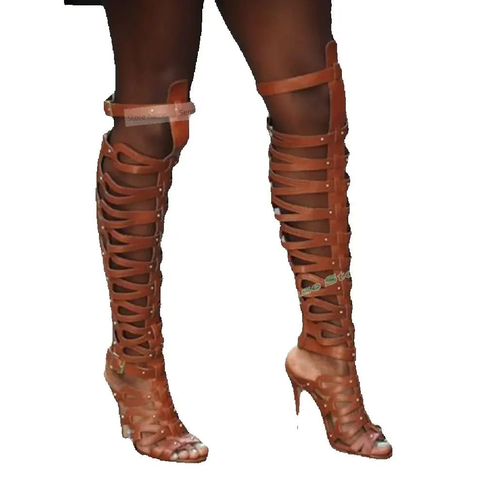 Riveted Pointy Toe Knee High Boots With Thin Heel For Women