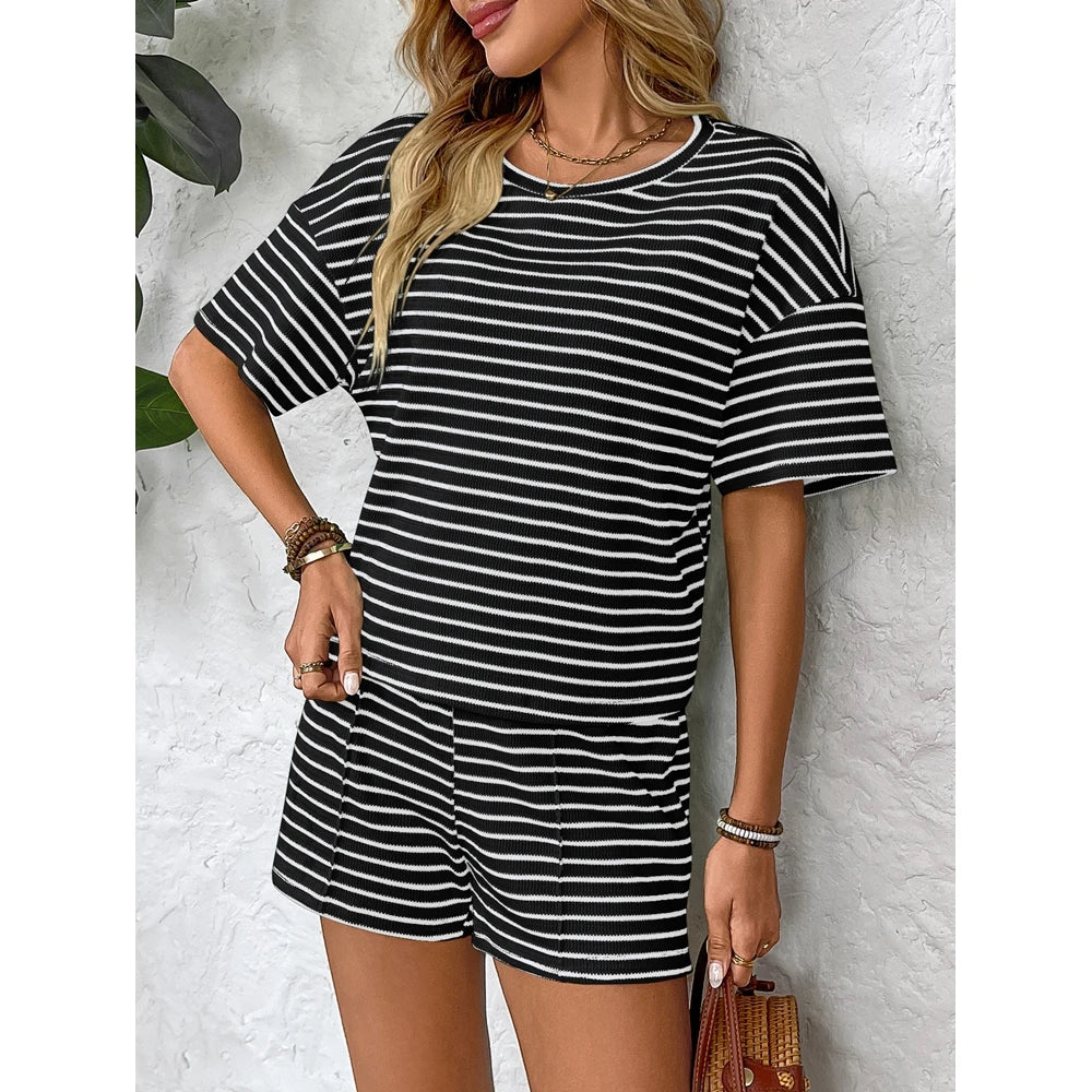 Women Striped 2 Pieces Set Fashion Short Sleeve T Shirt Top and Elastic Waist Shorts Set Summer Outfits Home Wear 2025