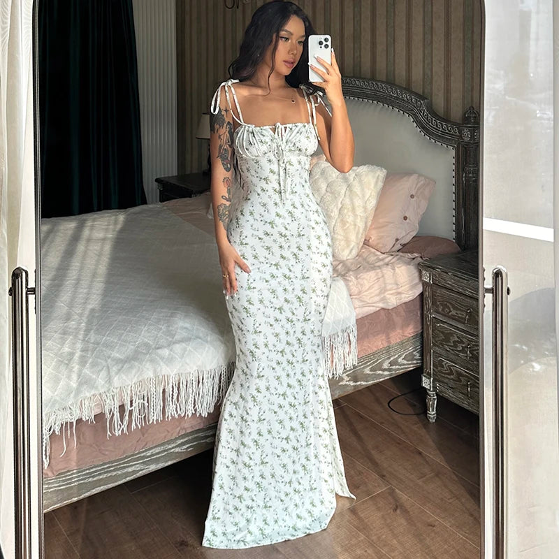 Sleeveless Floral Print Lace Up Backless Maxi Dress for Women