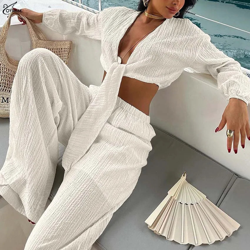 Oymimi Casual Apricot Loose Women's Two Pieces Set Fashion V-Neck Long Sleeve Lace-Up Crop Tops And Simple Trousers Female Sets