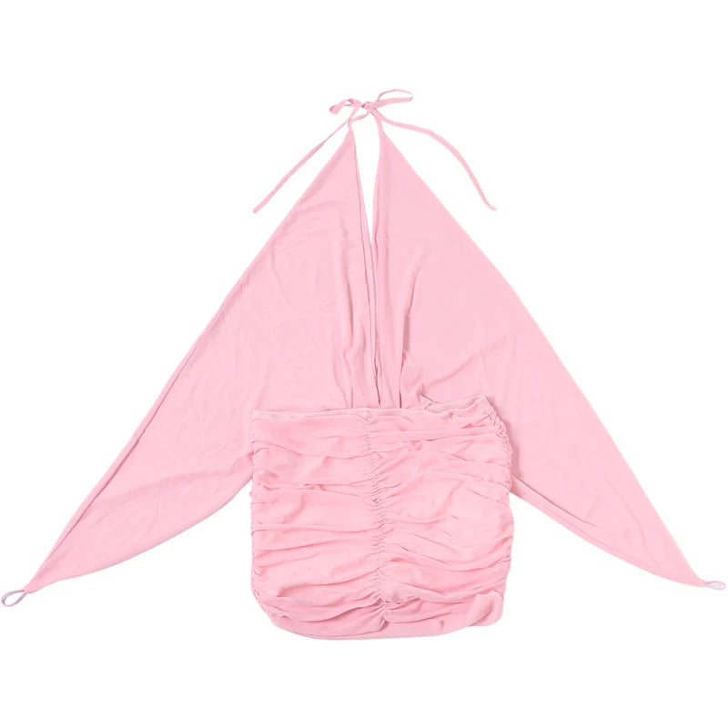 Backless Halter Ruched Deep V Neck Dress for Women