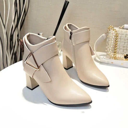 Square Heel Zip Closure Pu Leather Ankle Boots for Women