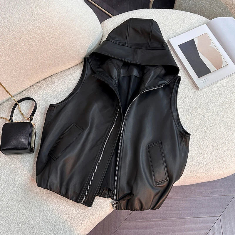 Elegant Lightweight Hooded Faux Leather Vest for Women