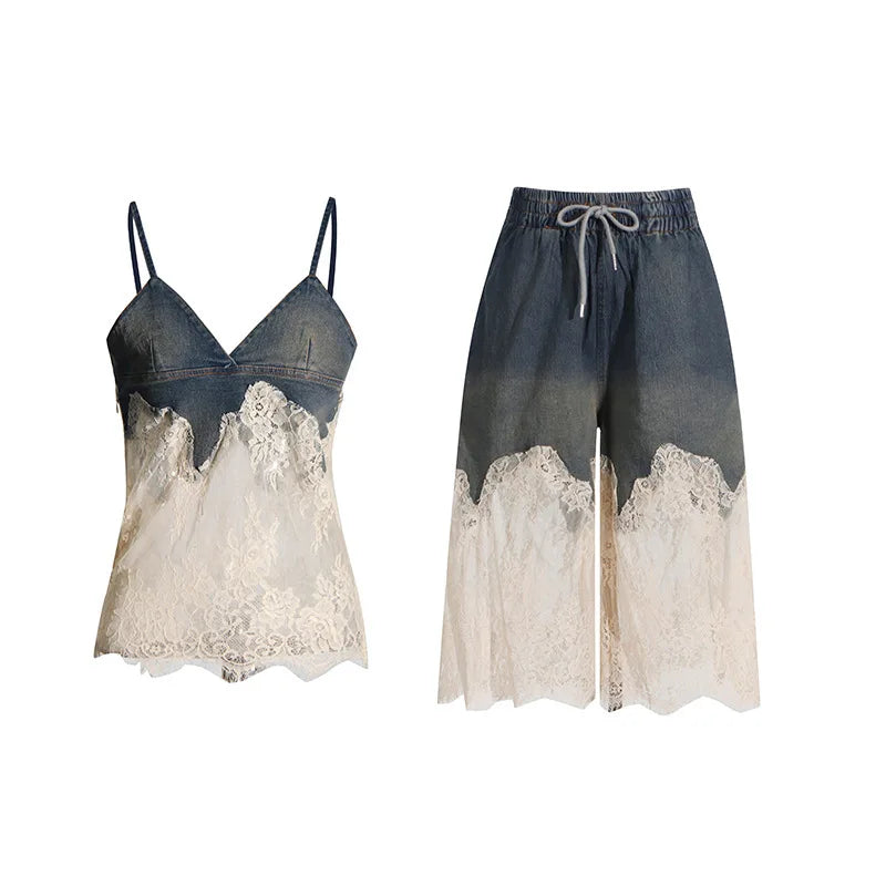 ANJY Summer New Women Y2K Streetwear Ins Fashion Sexy Hot Lace Patchwork Denim Camisole Vest Casual Drawstring Fifth Pants A7219