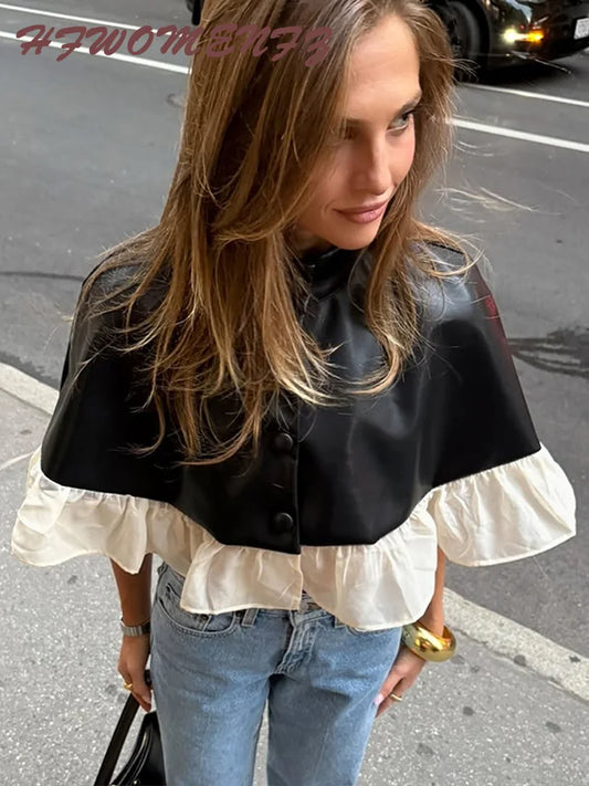 Stand Collar Cape Coat With Mesh Patchwork