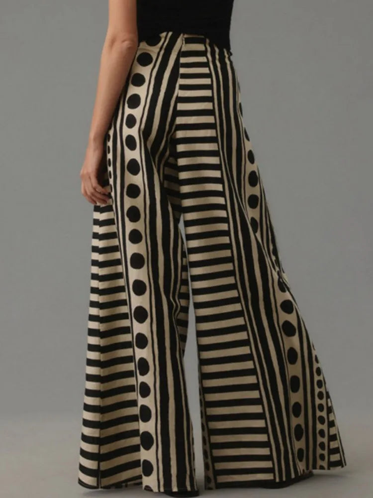 UOOZEE Women's Fashion Polka-Dot Striped Wide Leg Pants Loose High Waisted Pockets Zipper Urban Casual Office Trousers Bottoms
