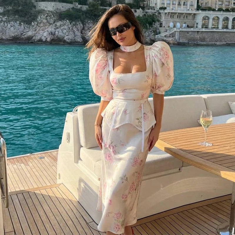 Floral Print Slim Top and Ruffle Skirt Set for Women