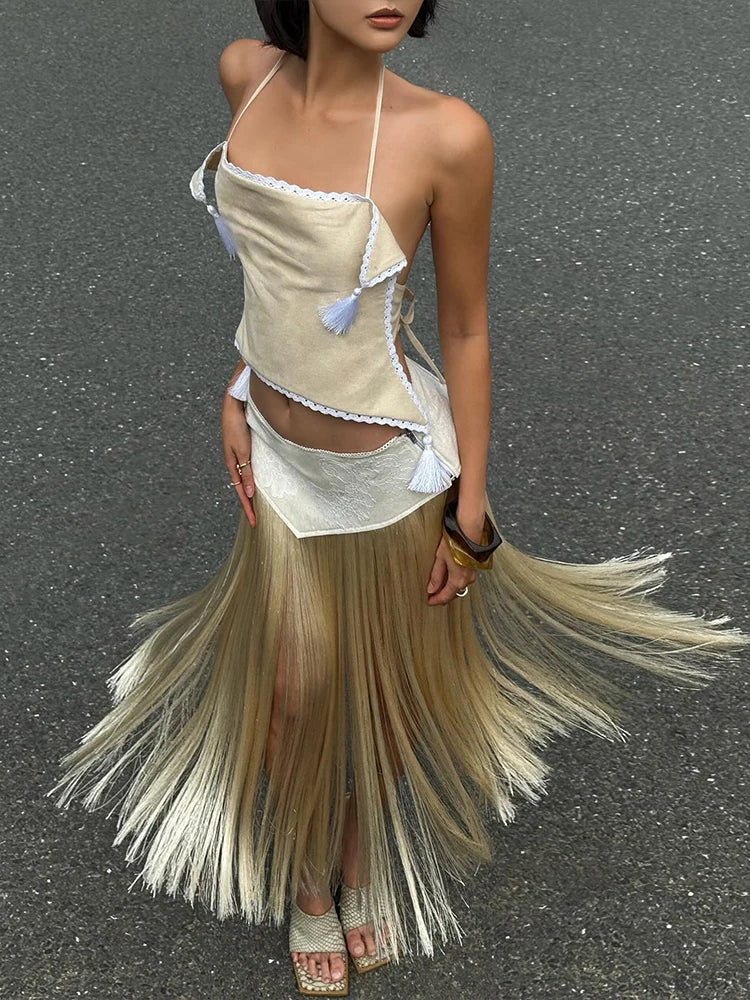 Backless Tassel Halter Patchwork Skirt Two Piece Set for Women