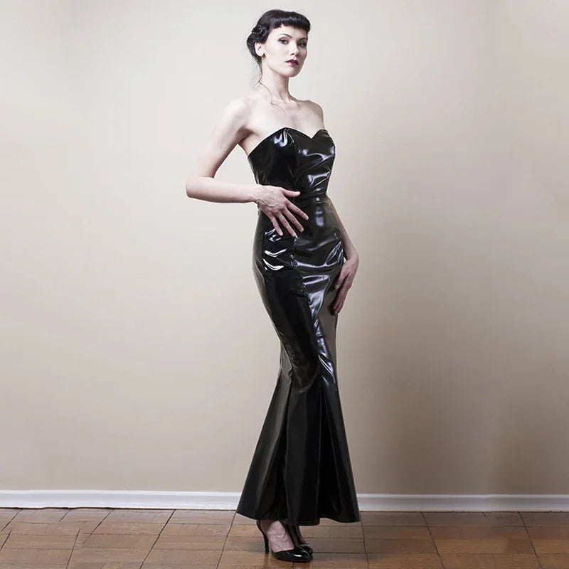 Strapless Black Mermaid Faux Leather Evening Gown for Women