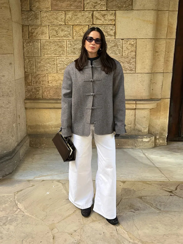 Elegant Chinese Style Single Button Long Sleeve Coat for Women