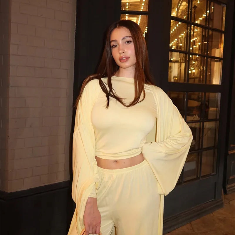 Casual Three Piece Shirt, Coat And Wide Leg Pants Set for Women