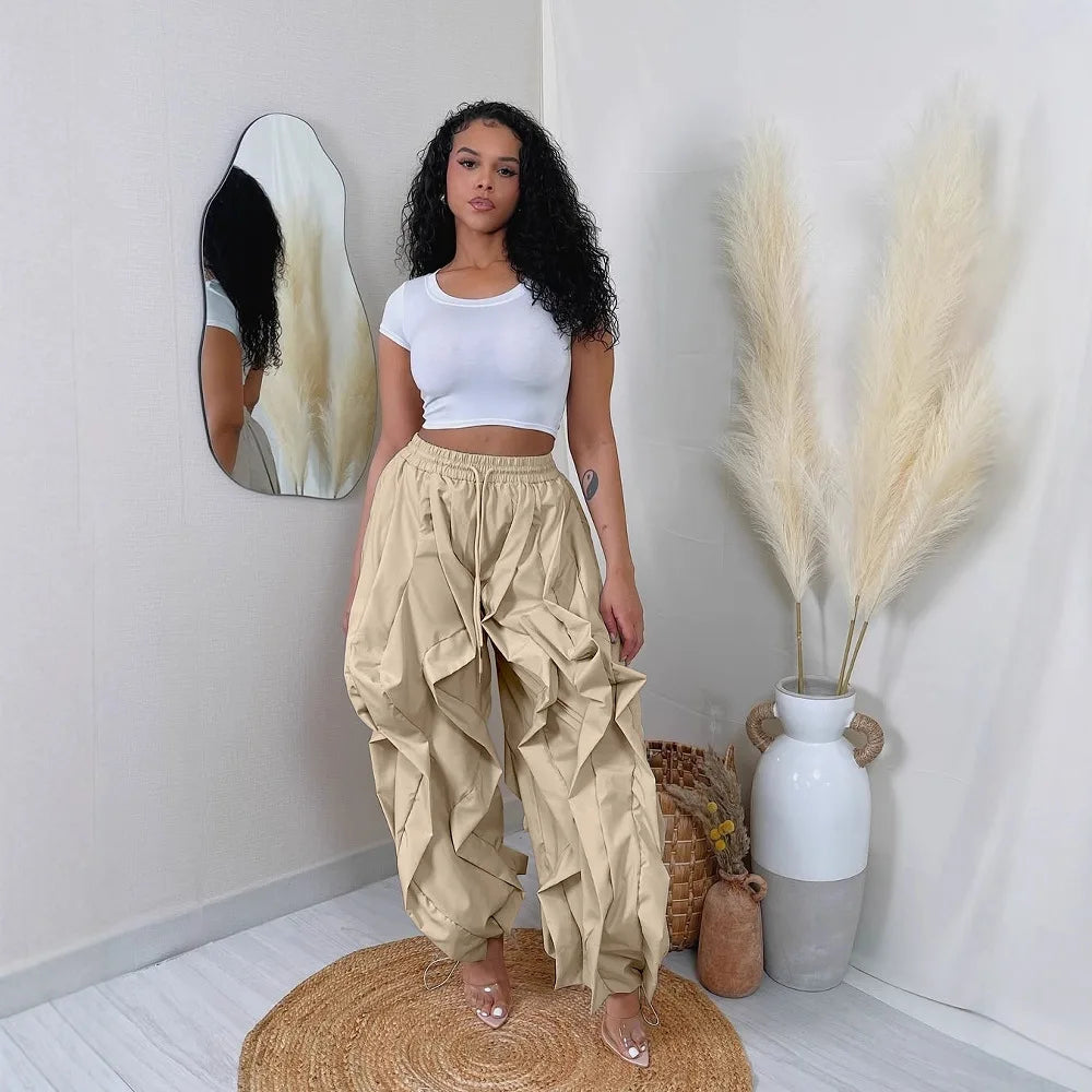 FAGADOER Casual Ruched Patchwork Lantern Sleeve Pants Women High Waist Drawstring Patchwork Pants Female Streetwear Trousers New