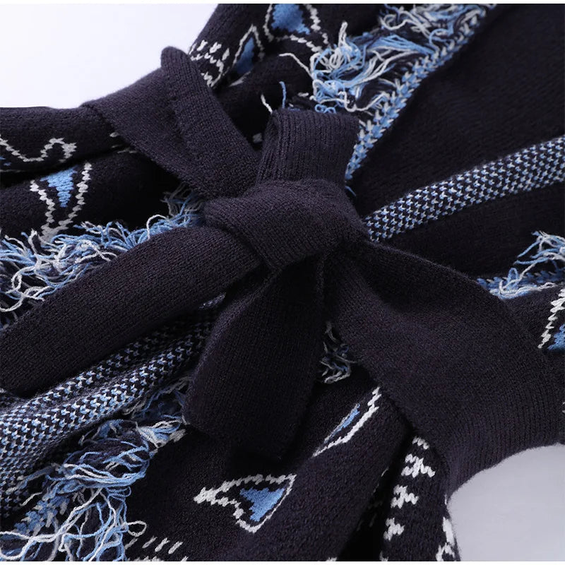 Vintage Patchwork Lace Up Long Sleeve Cardigan For Women
