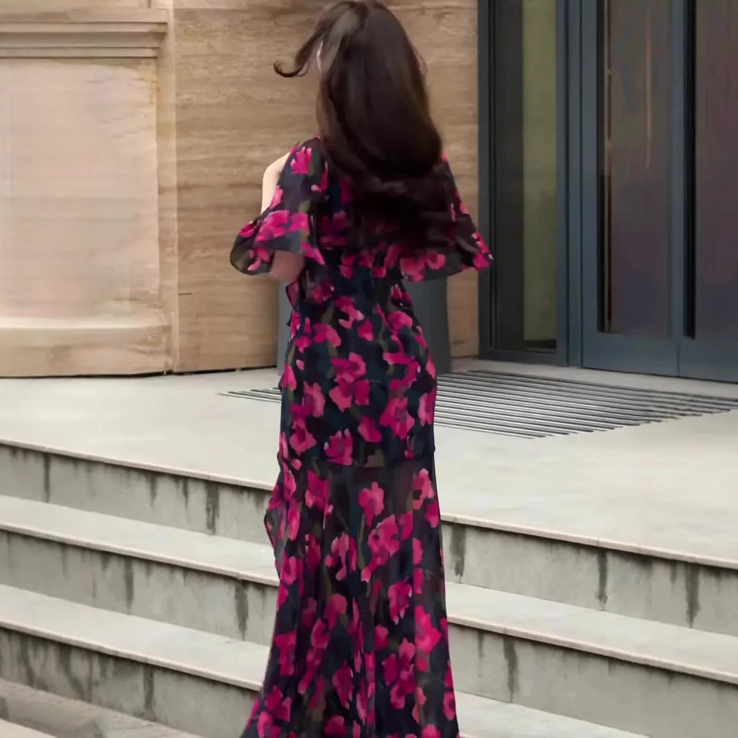 V Neck Floral Print Short Sleeve Ankle Length Dress for Women