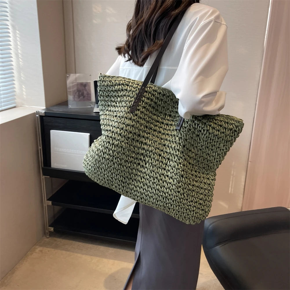 Large Capacity Straw Woven Shoulder Tote Bag for Women