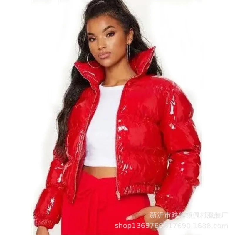 Shiny High Neck Cropped Winter Puffer Jacket for Women