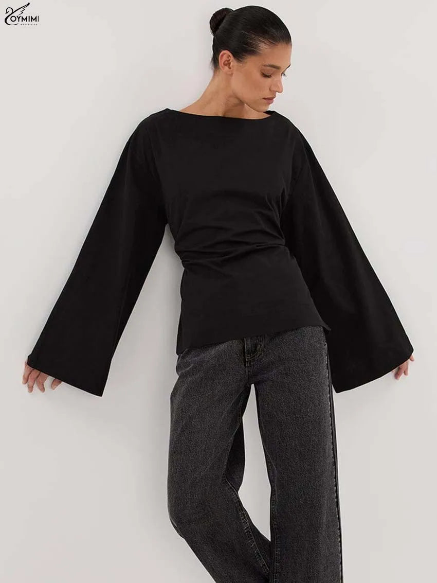 Oymimi Fashion Black Cotton Women's Blouse Elegant O-Neck Long Sleeve Loose Blouses Casual New Solid Lace-Up Blouses Streetwear