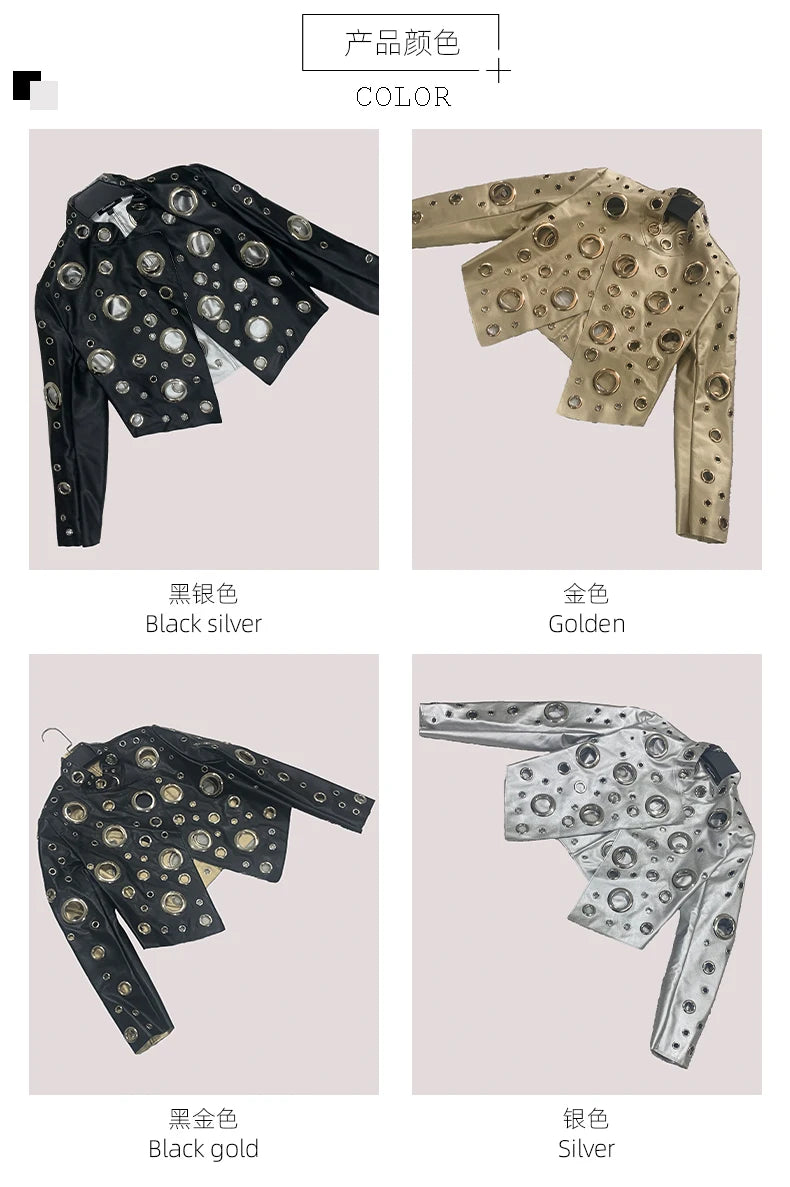 Sequin Hollow Out Patchwork Faux Leather Jacket For Women