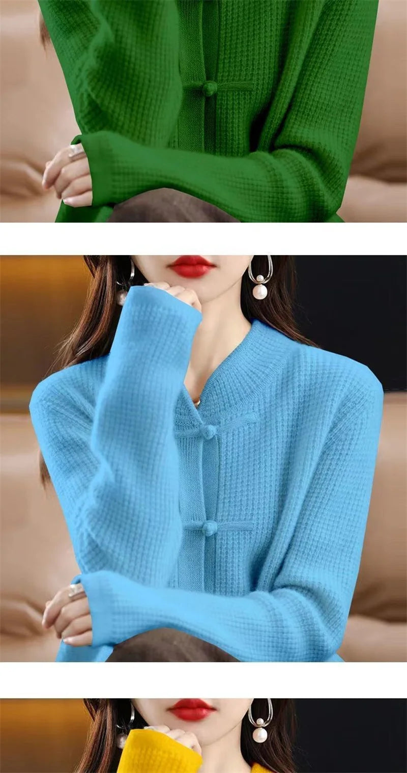 Vintage Knitted Cardigan Women's Thickened Half High Collar frog Loose Slim Sweater Coat Chinese Style Top Autumn And Winter N
