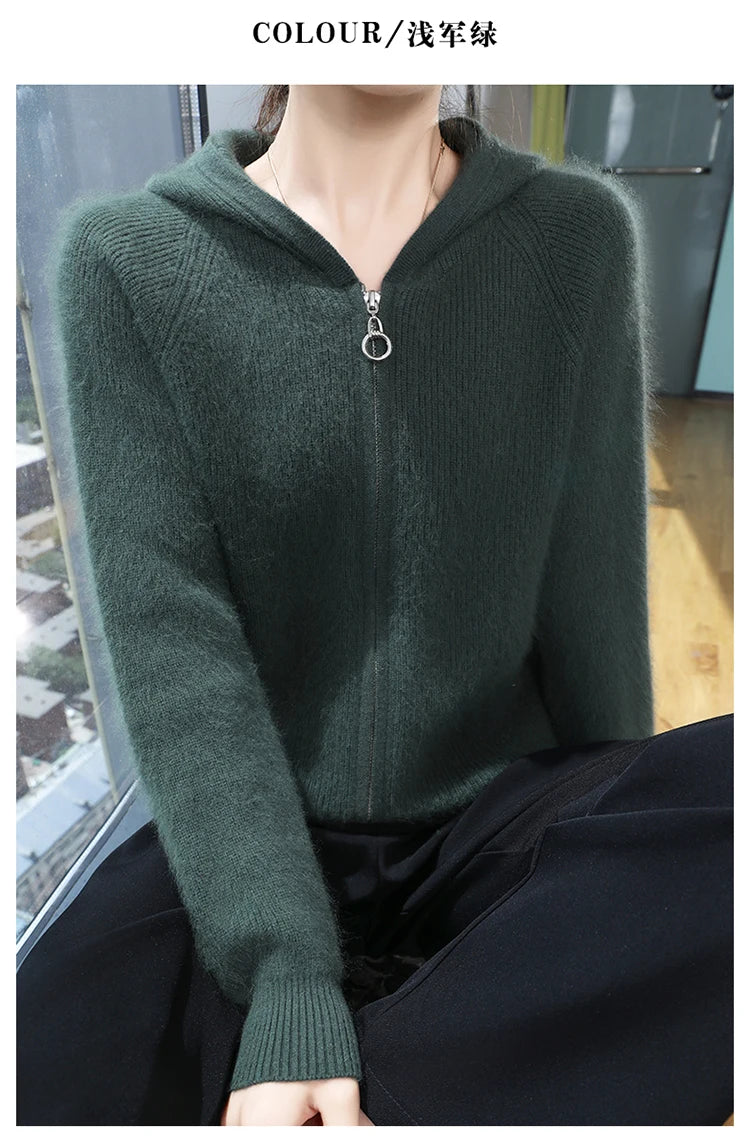 Loose Hooded Cashmere Knit Zipper Cardigan for Women