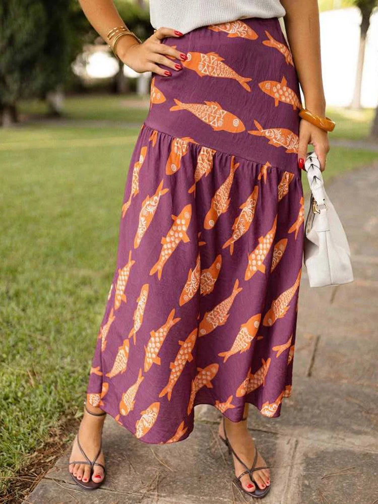 Women Autumn Beach Style Sexy Skirts, 2025 Patchwork Chic Elegant Fashion Skirts, Holiday Simple Retro Print Ladies Maxi Skirts