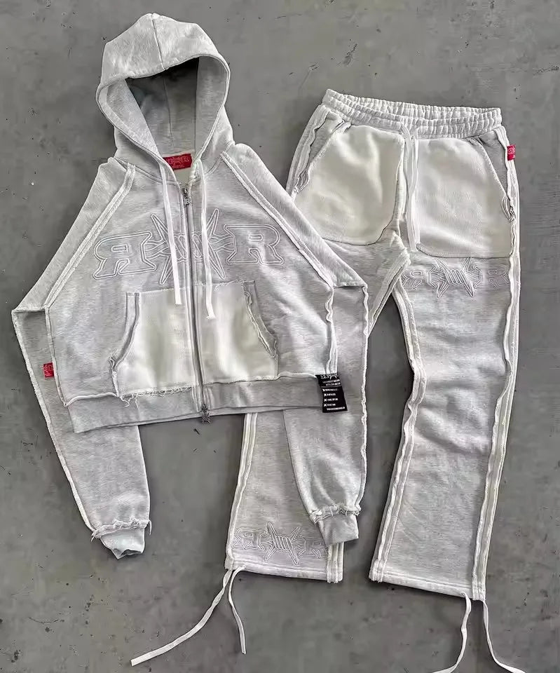 Letter Embroidery Zip Hoodie Set
