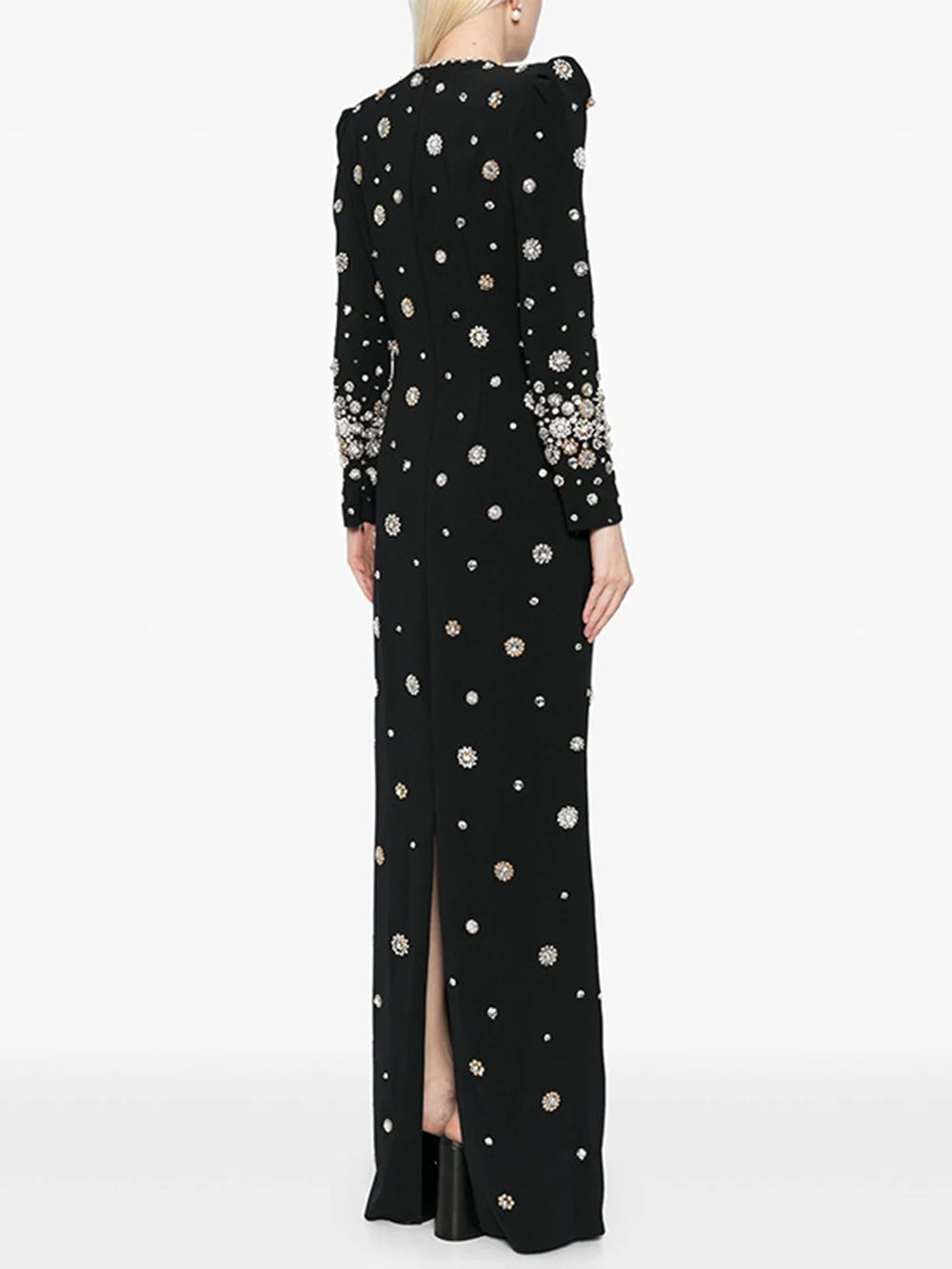 Modphy High-Quality Shiny Diamond Bead Slim Formal Maxi Dress Women'S Long Sleeved O-Neck Elegant Celebrity Evening Runway Gowns