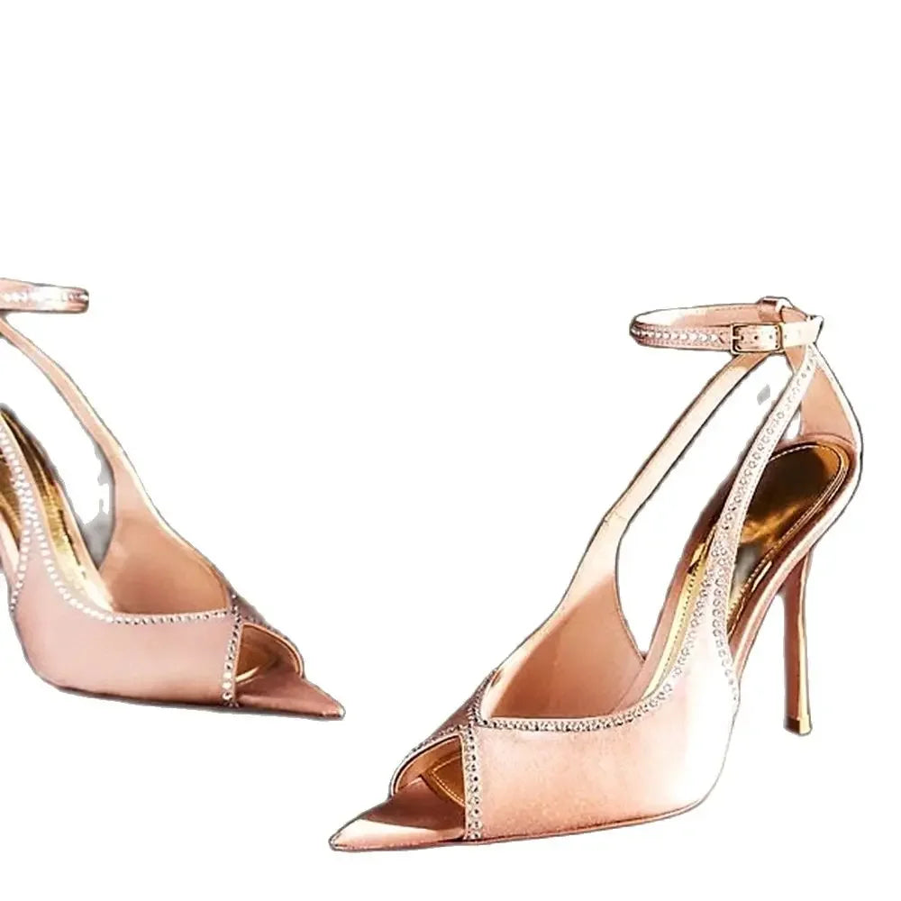 Pink Satin Peep Toe Sandals With Rhinestone Trim For Women