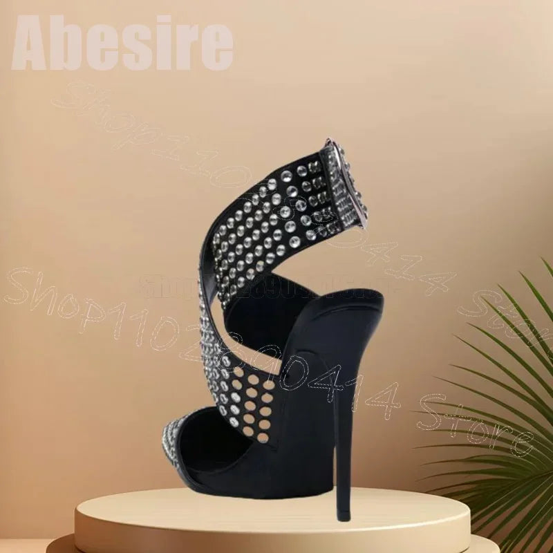 Elegant Black Crystal Pointed Toe Sandals for Women