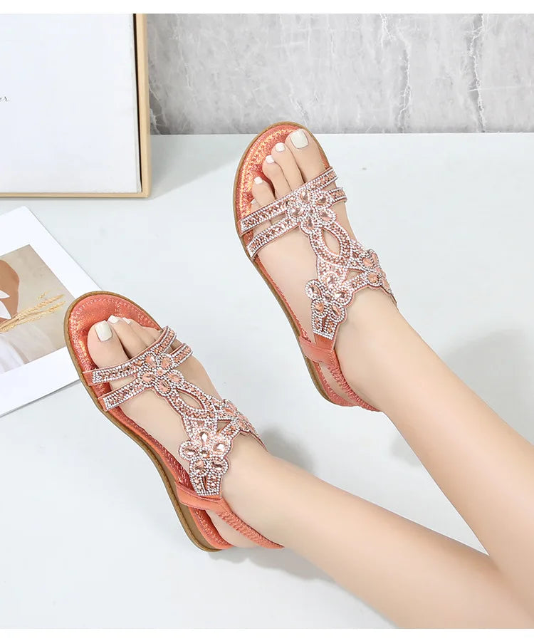 Bohemian Rhinestone Openwork Flat Sandals For Women