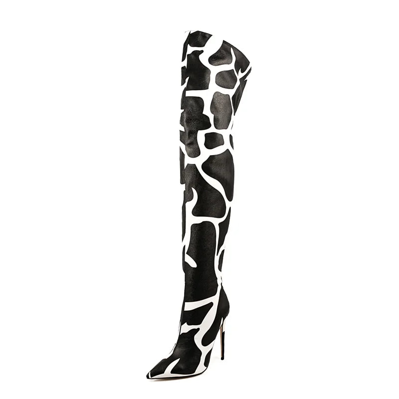 Giraffe Print Pointed Toe Over-The-Knee Boots for Women