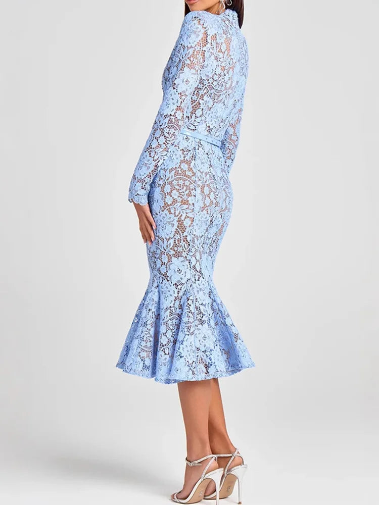 Holiday Round Neck Lace Mini Dress, Women Summer Solid Hollow Out High Street Party Dress, 2025 Full Sleeve Elegant Ladies Dress