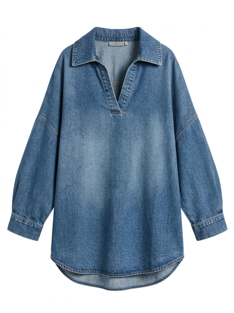 Bonboho Women's Light Blue Washed V-Neck Oversized Denim Shirt 2026 Summer Elegant Casual Blouse for Office & Vacation