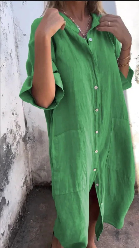 Loose Mid Calf Single Breasted Shirt Dress With Pockets For Women