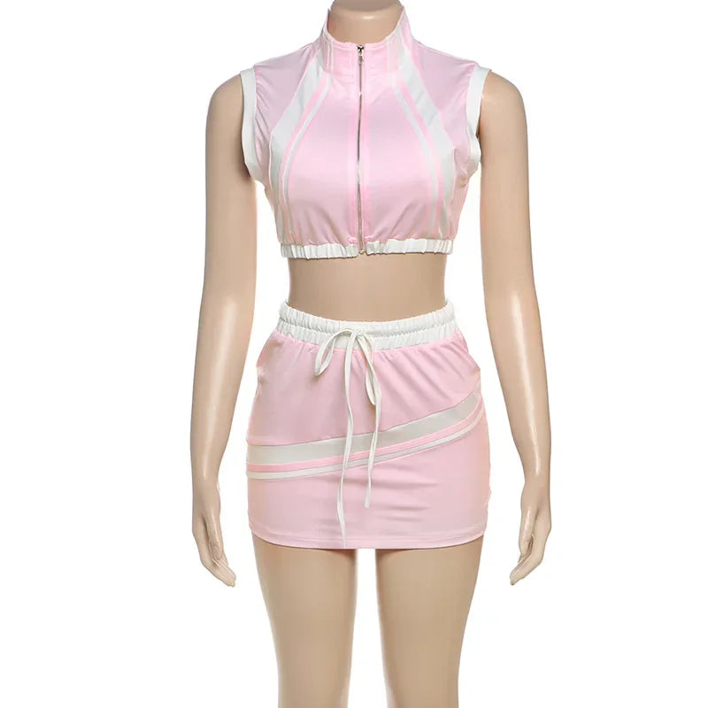 Two Piece Set Women Streetwear 2025 Summer Y2K Sexy Hot Girl Short Zipper Top & Fashion Casual Slimming Wrap Hip Mini Skirt Suit