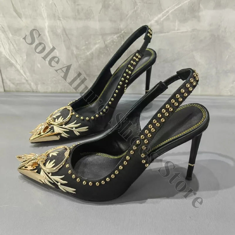 Ornate Gold Studded Emerald Jacquard Slingback Heels For Women